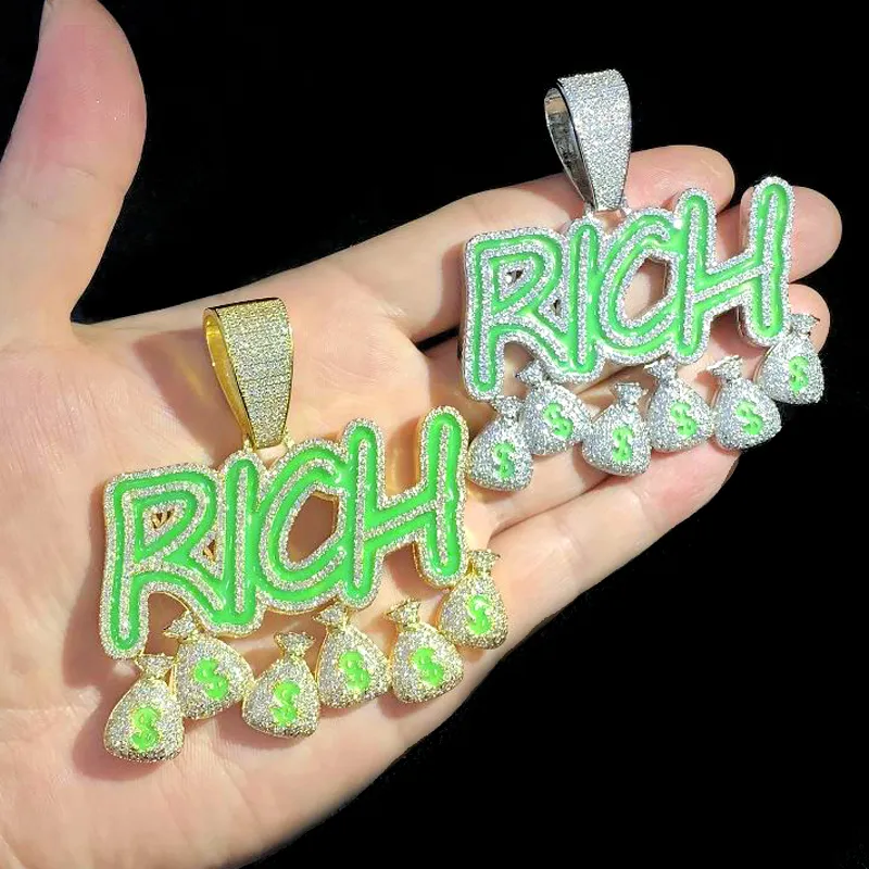 Iced Out Punk-Stil leuchtender Buchstaben-Anhänger, gepflastert mit vollem kubischen Zirkon. Reicher Dollar mit langer Seilkette für Männer, Damen, Jungen, Hip-Hop-Schmuck im Großhandel