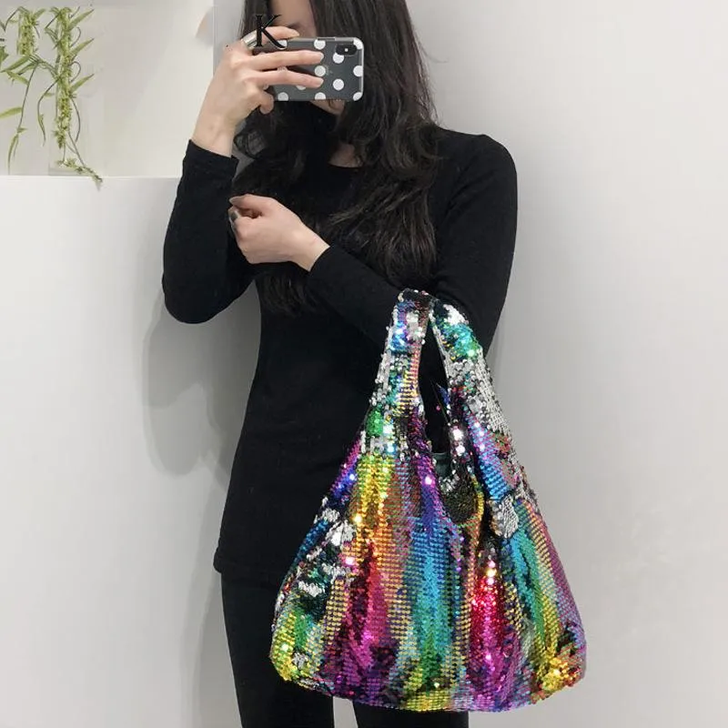 Moda bolsas femininas coloridas com lantejoulas bolsa de mão feita à mão com miçangas bolsa tiracolo casual grande capacidade nylon