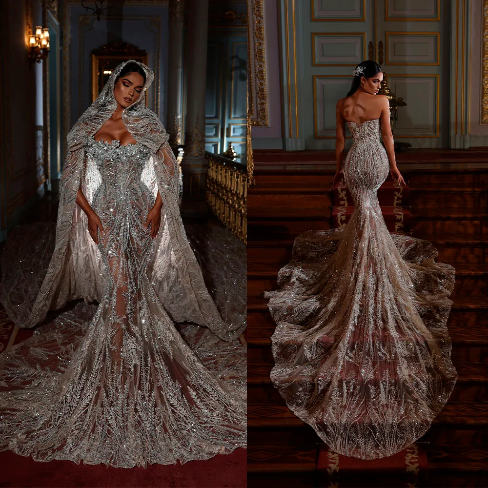 Robes de mariée élégantes avec voile chérie dentelle perles robes de mariée sur mesure balayage Train sirène robe de mariée robes