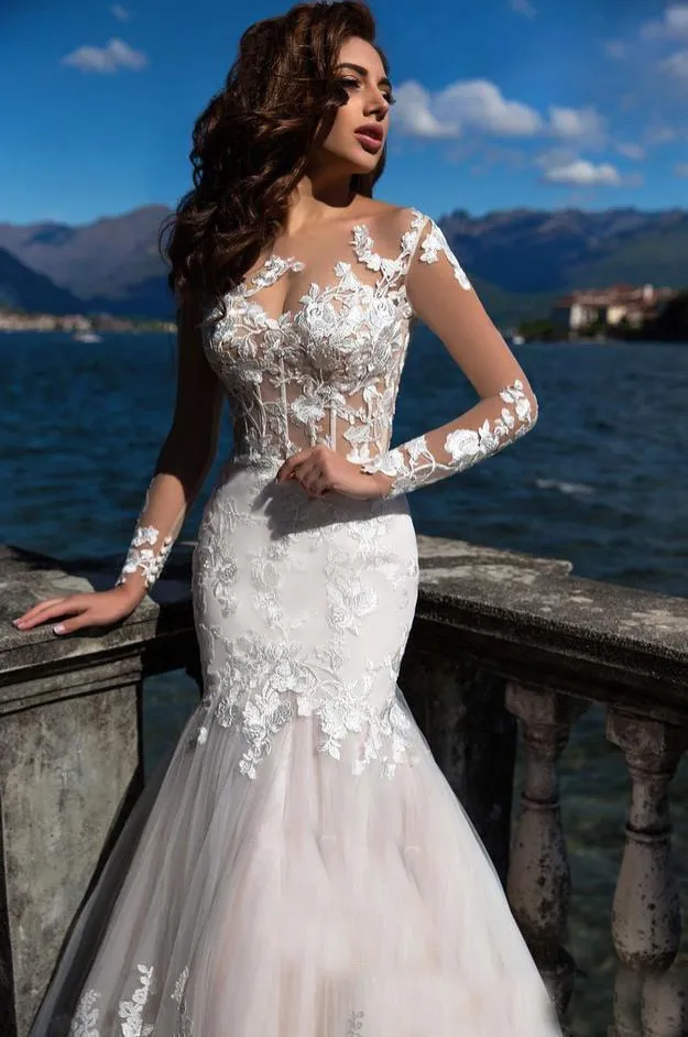 chinese dress ladies Mermaid Strapless Chapel Train Long Sleeves Tulle Lace Beading Wedding –  Ballbella main image 1