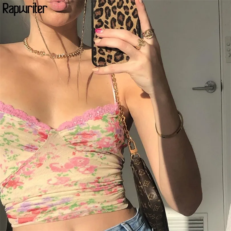 RapWriter Fashion Summer Tie Dye Floral Strap Lace Cami Women Crops Crops Backless V pescoço Sexy Camis Wrap Bustier tank tampa 210225