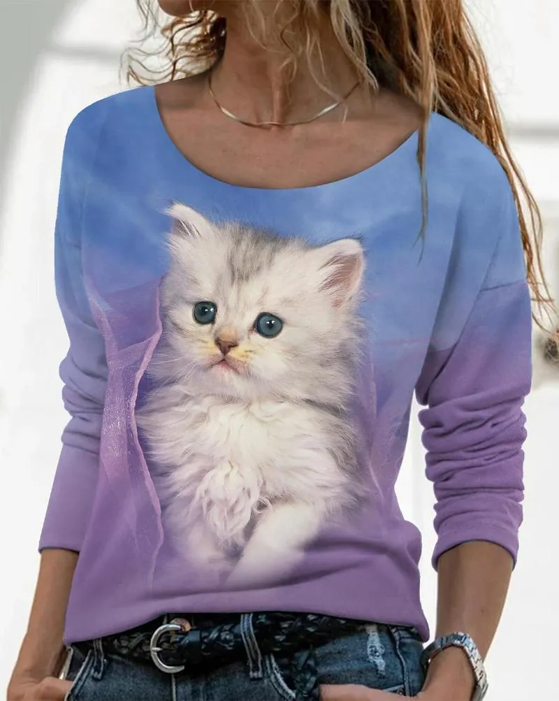 ジムの服の子猫パターン女性スプリングファッションレトロトップレジャールーズ通気性印刷ラウンドネック快適な昇華Tシャツ