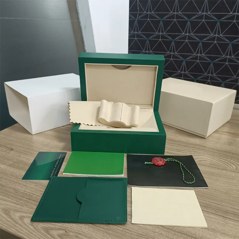 SW ROLEX Luxury Högkvalitativ Green Watch Box Cases Papperspåsar Certifikat Originallådor för kvinnliga herrklockor Presentväskor Tillbehör