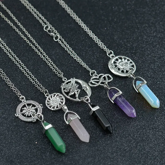 Natural Stone Bullet Healing Point Pendant Halsband Hjärta Sun Charm Crystal Stone Quartz Hexagonal Column Halsband för kvinnor Fashion Jewelry