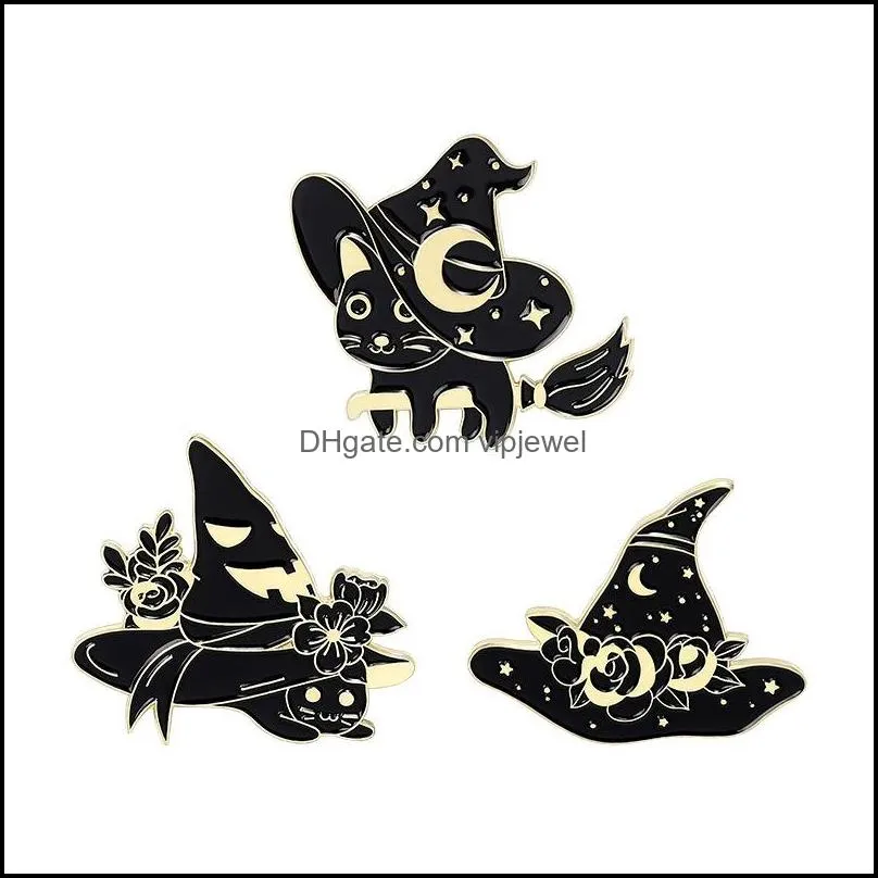 punk black magic cat brooch halloween witch hat flower moon lapel pins enamel animals corsages badges for bag  sweater clothes