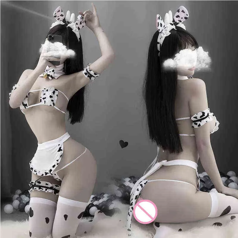 Kvinnor Sexig Kawaii Cow Maid Cosplay Underkläder Set Hot Erotisk Elastisk Nattkläder Flirt Sex Kjol BDSM Sex Kläder För Par H220425