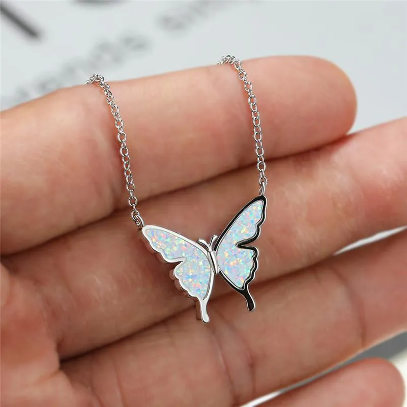 Pendant Necklaces Dainty Female White Opal Necklace Charm Silver Color Chain For Women Vintage Bride Butterfly Wedding NecklacePendant