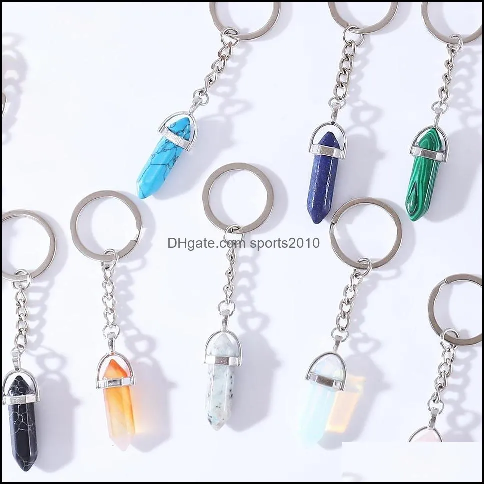 Arts et artisanat Porte-clés en pierre naturelle Porte-clés à prisme hexagonal Guérison Bleu Rose Cristal Décor de voiture Porte-clés pour femmes M Sports2010 Dhjfb