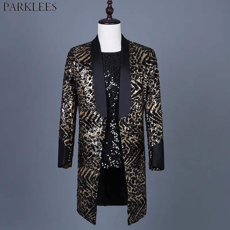 Leopard Sequin Blazer Jacket Men Brand Mens Long Glitter Suit Coat Party Dance Singer Stage Shawl Collar Costume Blazer 3XL 220815