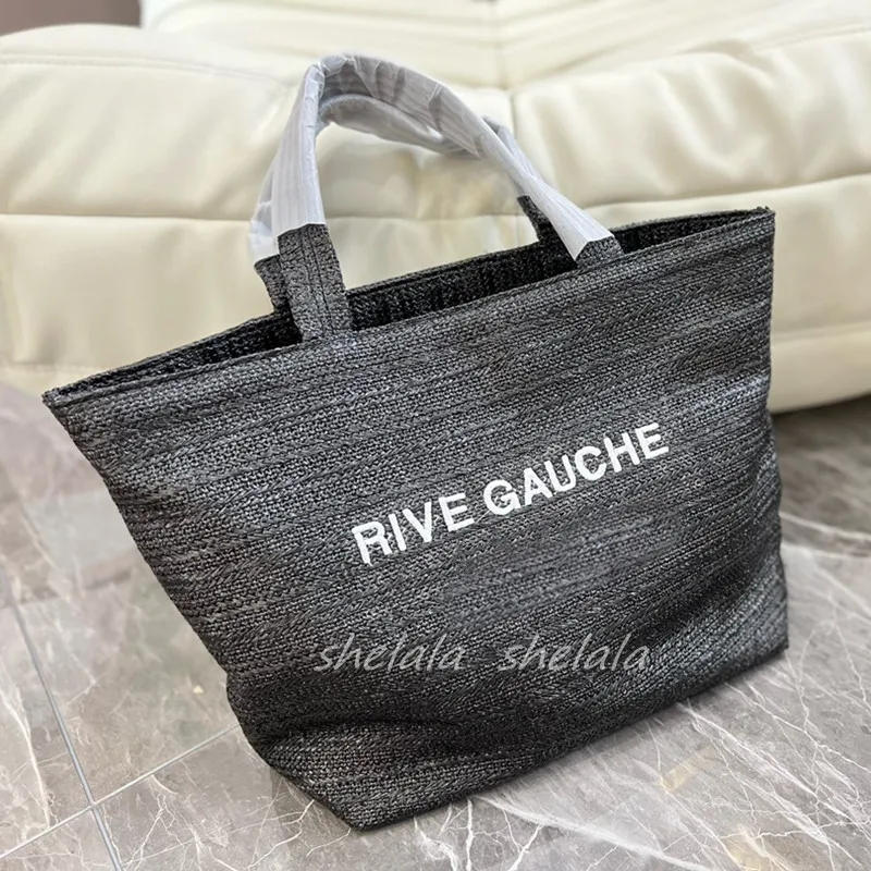 Designer Straw Tote Bag With Rive Gauche And Embroidered Letter Large