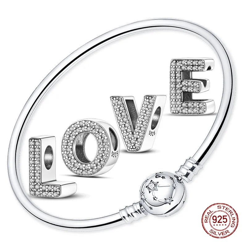 925 Sterling Silver Dangle Charm 26 Six Lettres Perles Perle Fit Pandora Charms Bracelet DIY Bijoux Accessoires