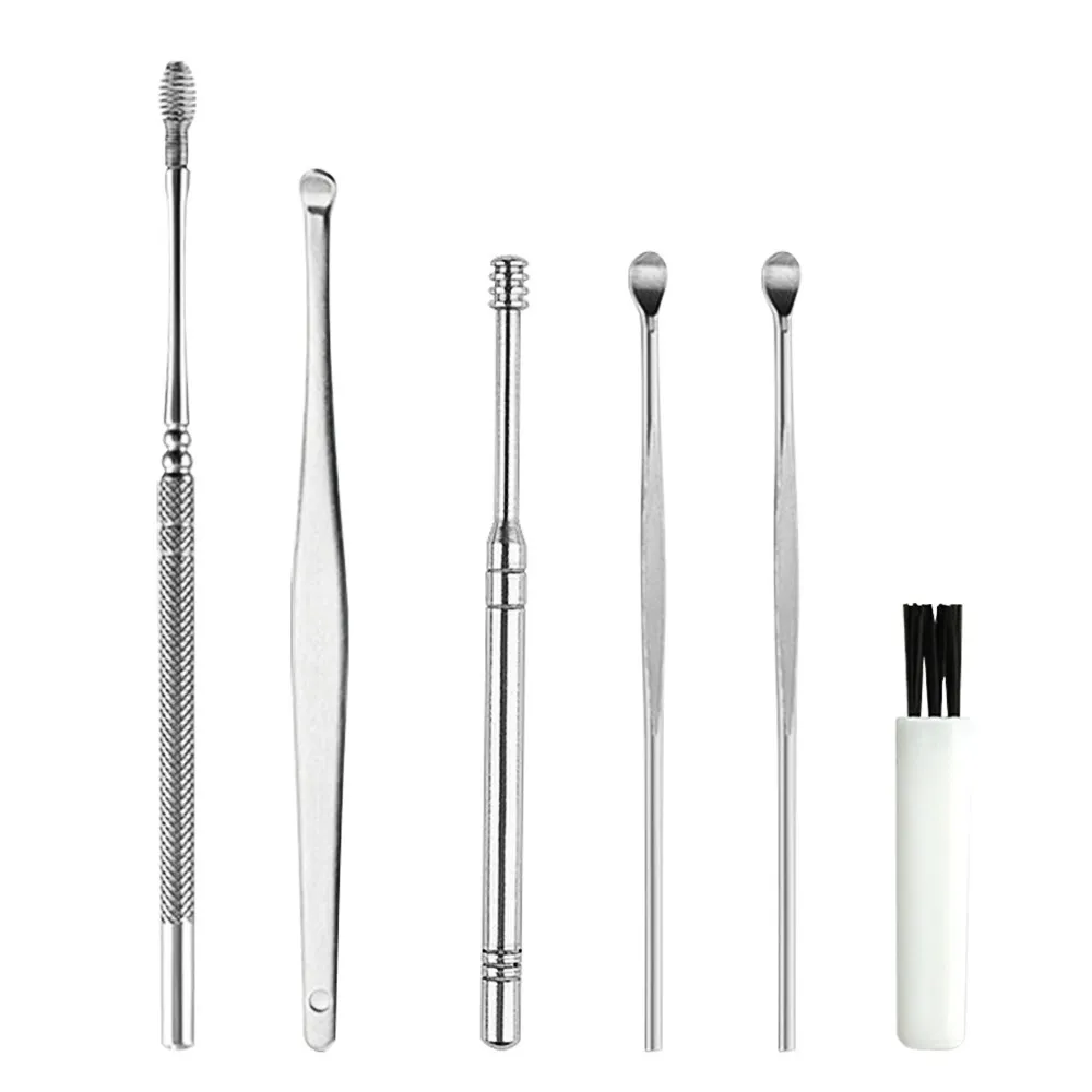 6Pcs Ear Pick Set Stainless Steel Earpick Ear Wax Curette Remover Ear Cleaner Spoon Spiral Clean Tool with Case