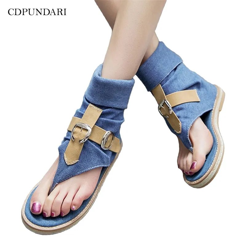 Denim casual sandales plates pour femmes sandales gladiateur dames sandales plate-forme 2020 chaussures d'été femme Y200623