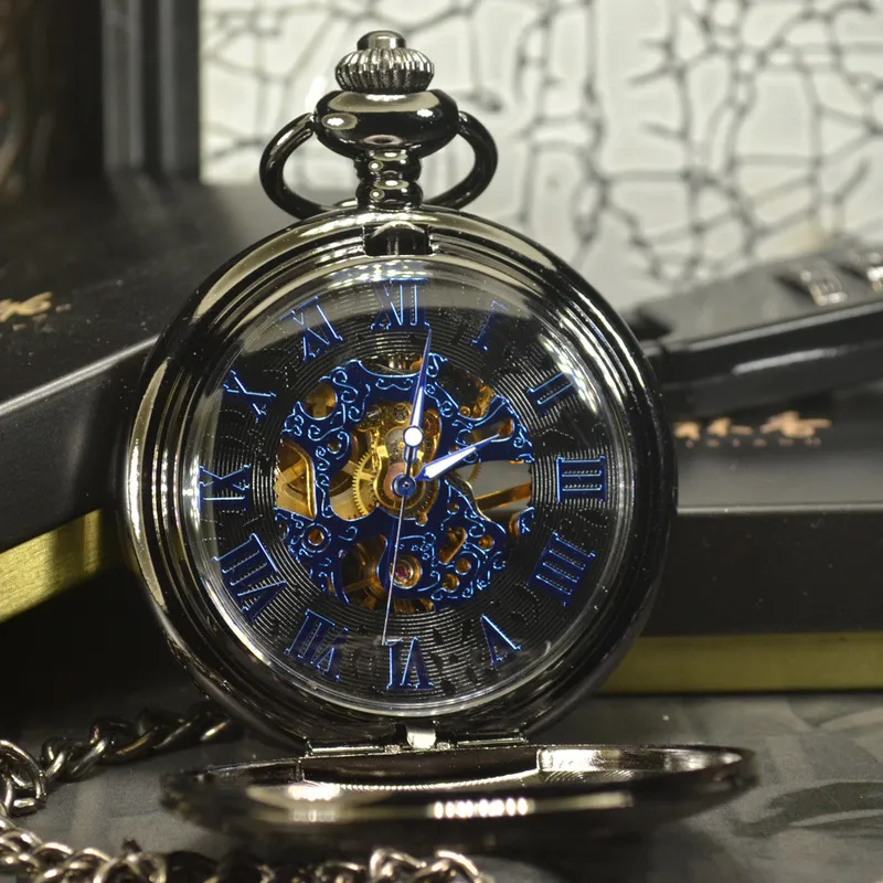 TIEDAN Bleu Steampunk Squelette Mécanique Montre De Poche Hommes Antique De Luxe Marque Collier Poche Fob Montres Chaîne Mâle Horloge 220606