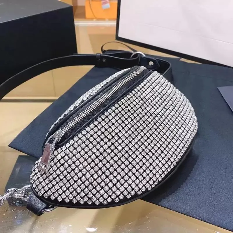 2022 Paquete de bolso de pecho de alta calidad para mujer, bolso de cintura con cinturón de purpurina de diamantes de cristal para mujer, bolso de hombro con cadena cruzada