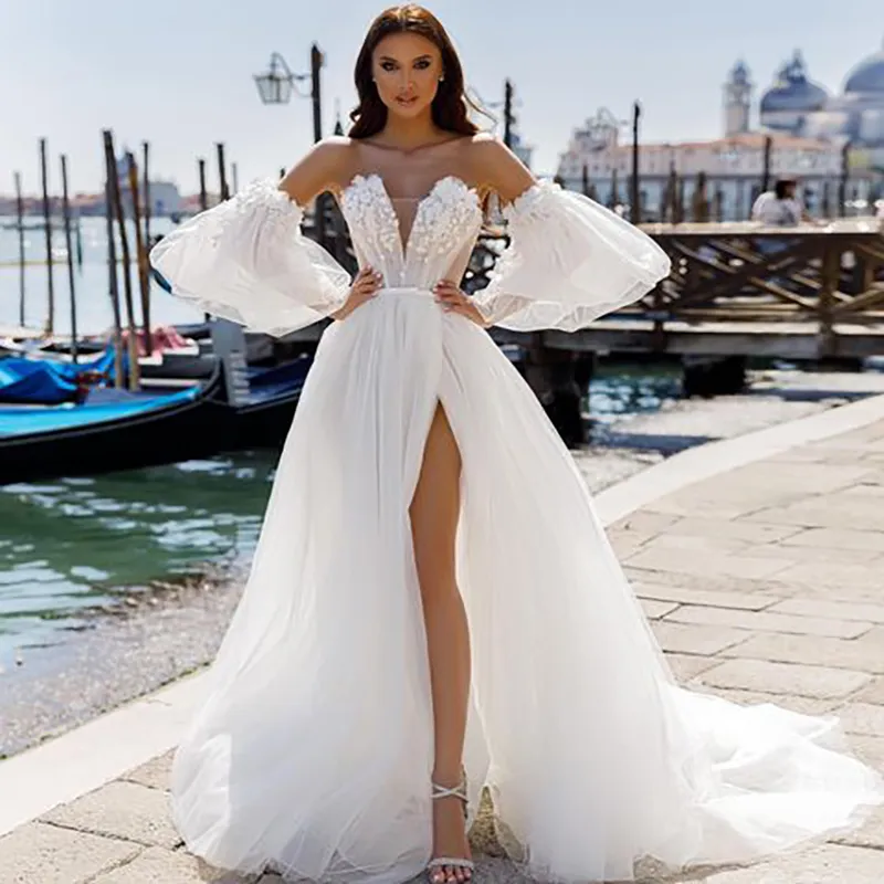 Sexy Strandhochzeitskleid 2022 mit hohem Schlitz, herzförmiger A-Linie, Tüll, Boho-Landhochzeitskleider, weiße Spitze, Feen-Frauen-Brautkleid, Vestidos de Novia