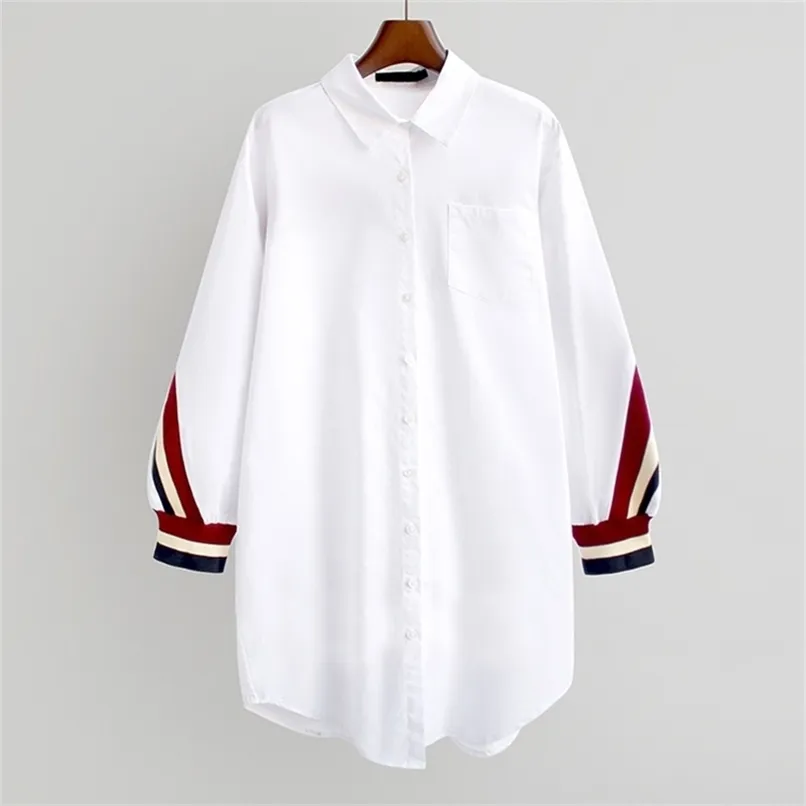 ホワイトルーズボタンアップストライプ包帯シャツ女性ブラウスターンダウンカラー織り長袖プラスサイズレディーストップス220407
