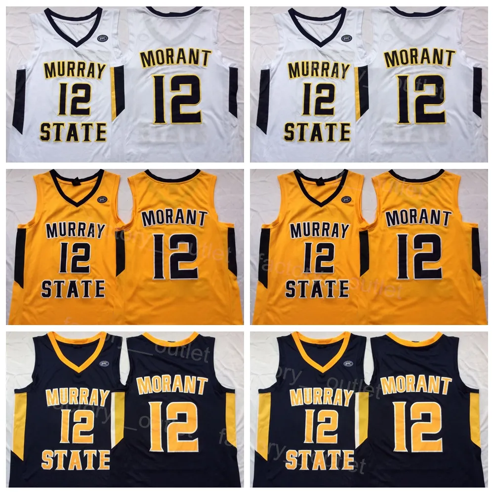 NCAAバスケットボールカレッジJAモラントマレーステートレーサージャージー12ユニバーシティネイビーブルーイエローホワイトチームカラースポーツファンのための純粋な綿の高品質
