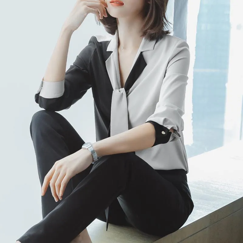 Patchwork mulheres coreanas top chiffon camisas blusas feminina de alta qualidade blusa feminina mujer de moda camisas blusas