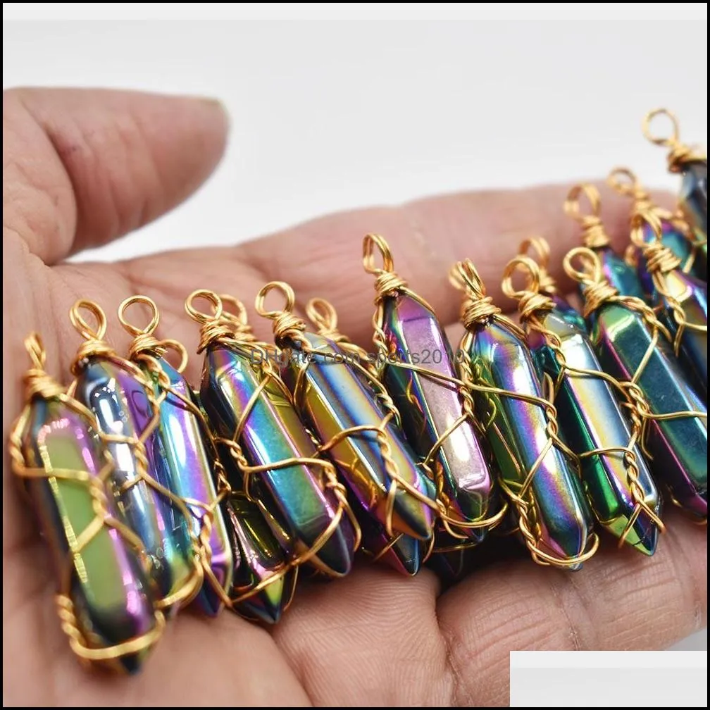 gold wire colorful stone charms hexagonal healing reiki point pendants for jewelry making