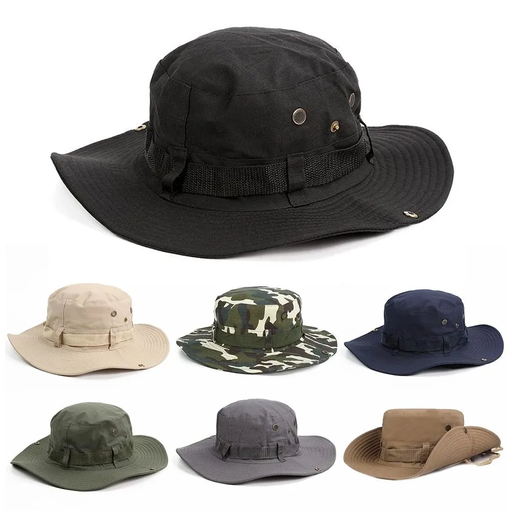 Utomhus mäns solid solhatt Bucket Hat Cargo Safari Bush Army Boonie Summer Jungle Fishing Cap