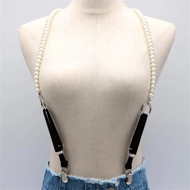 Fashion suspenders women High Quality pearl Leather belts Suspenders male Adjustable 3 metal Clip Belt Strap sexy Suspenders 220509