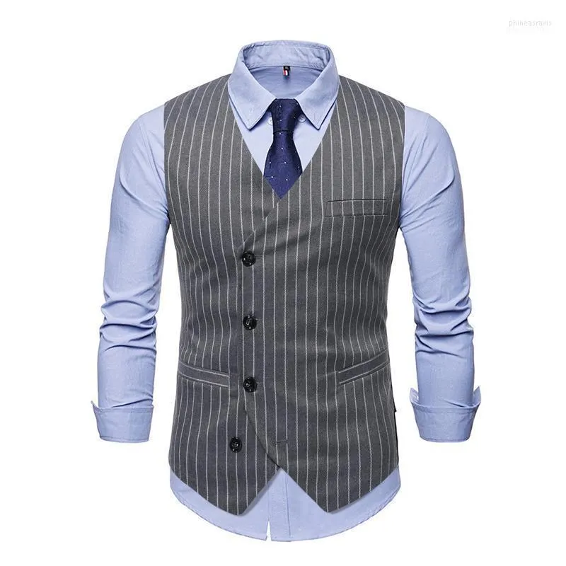 Men's Vests Mens Waistcoat Stripe Suit Vest Men Fashion Casual Single Breasted Sleeveless Gilet Male Business Dress Black/White/Gray Phin22