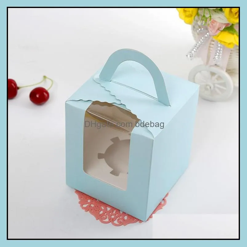Pure Color Single Cupcake Box with PVC Window & Handle Paper Muffin Boxes Wholesale Free Shipping wen5767