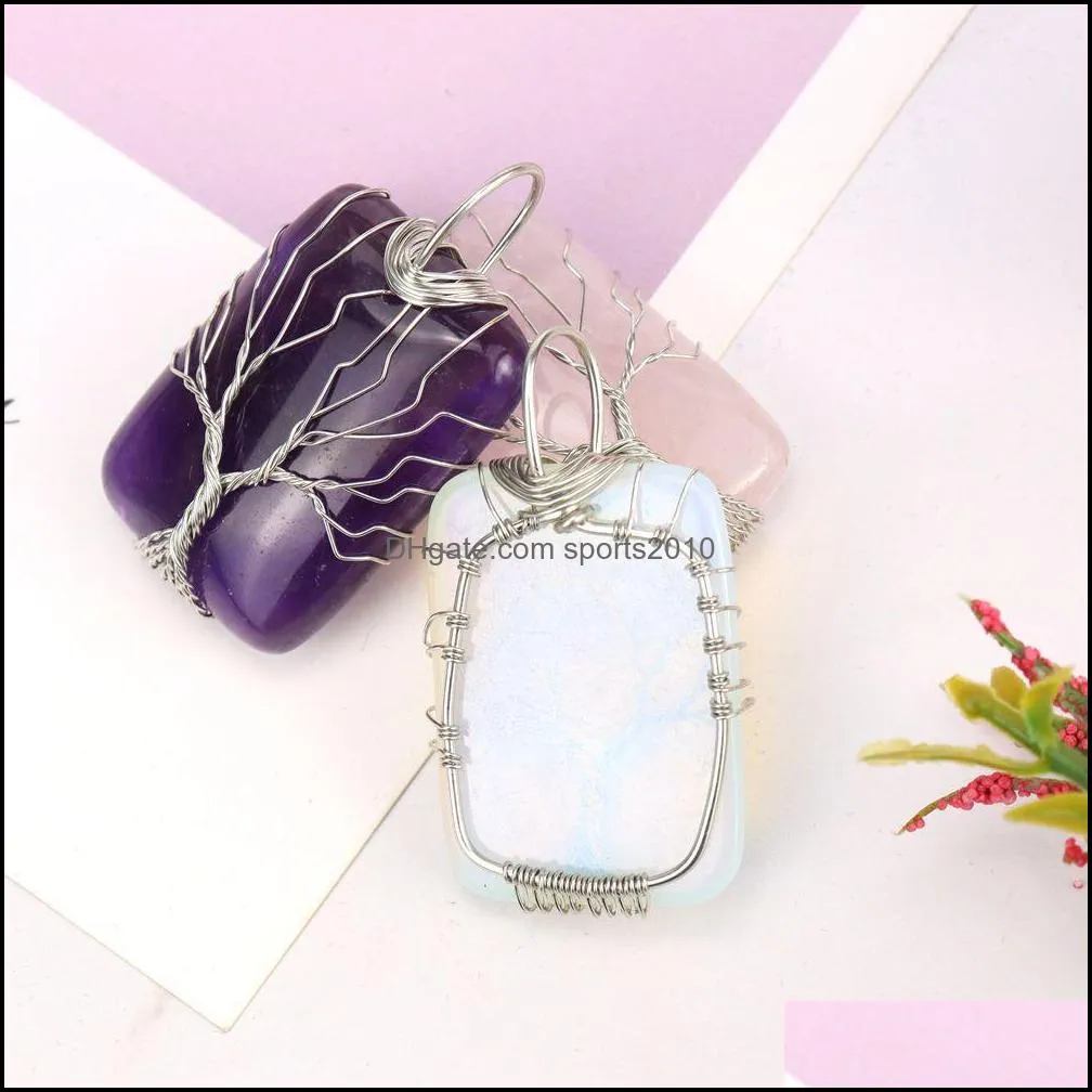 healing crystal natural stone rectangle charms necklaces twine tree of life wire wrap pendant turquoise amethyst tiger eye rose quartz wholesale jewelry