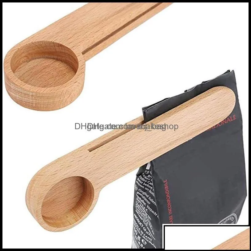 Spoons Flatware Kitchen Dining Bar Home Garden Spoon Wood Coffee Scoop With Bag Clip Tablespoon Solid Beech Wooden Measuring Scoops Tea