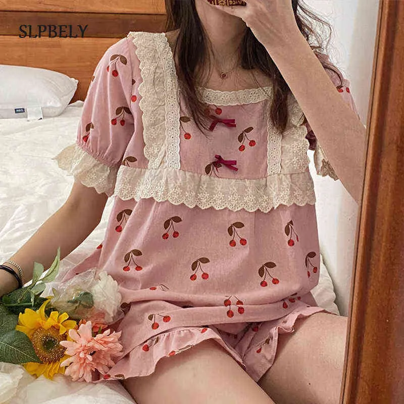Slppely Sweet Women Pajamas Pajamas Set Summer Lace Cherry Stampato a maniche corte PIJAMAS Homewear Loungewear Nightwear Korean J220521
