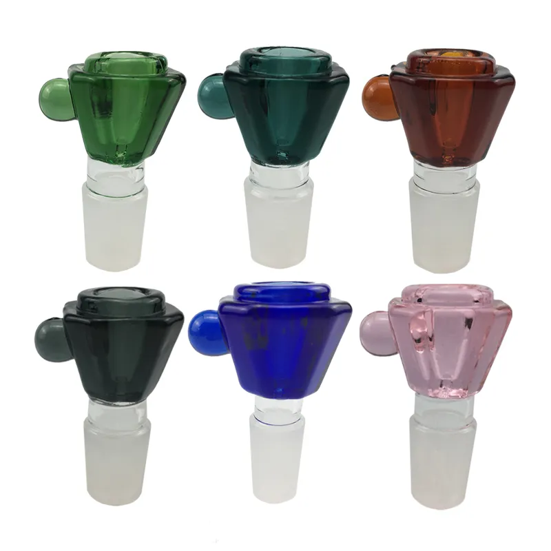 Bong Glass Bowl 14mm 18mm Smoking Slide With Round Side Point Handle Filter 6 Colors Thick Bowls Joints For Bongs Hookah Water Pipe