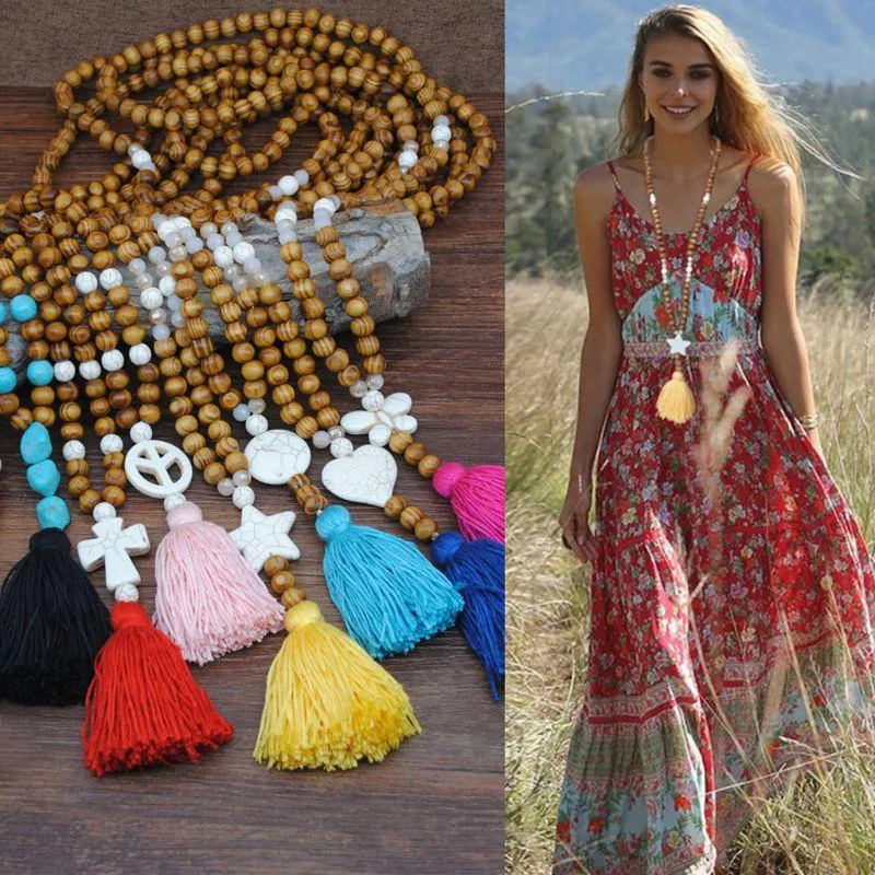 Kolye Kolye Bohemian El Yapımı Uzun Kazak Zincir Ahşap Boncuk Püskül Kolye Jewelrypendent