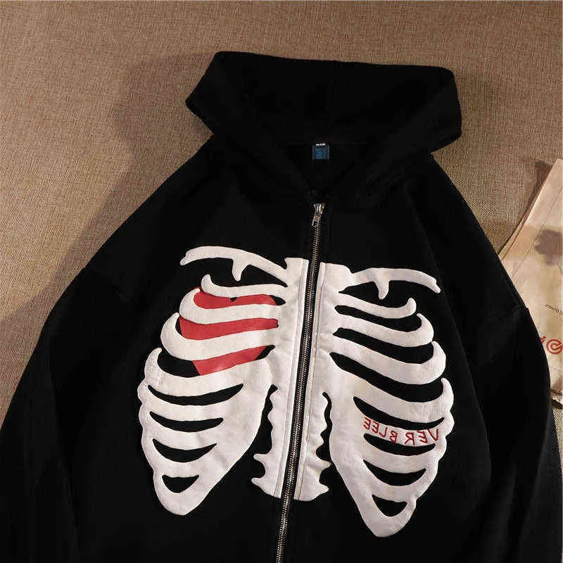 Grunge Goth Skeleton Print Zip Up Hoodie Oversized Black Cotton