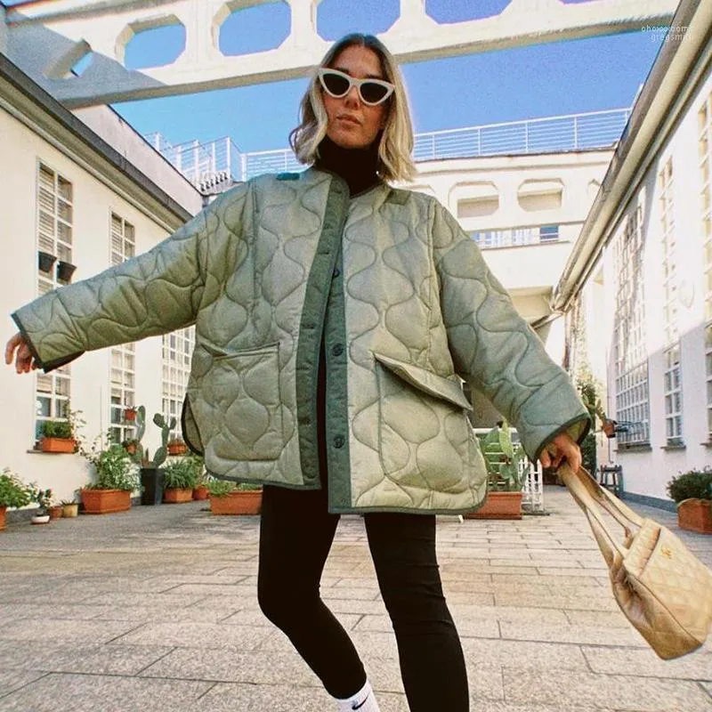 Women s Green Patchwork Quilted Jacket Winter Oversized Casual Long Sleeve Pockets Padded Coat 2024 Streetwear