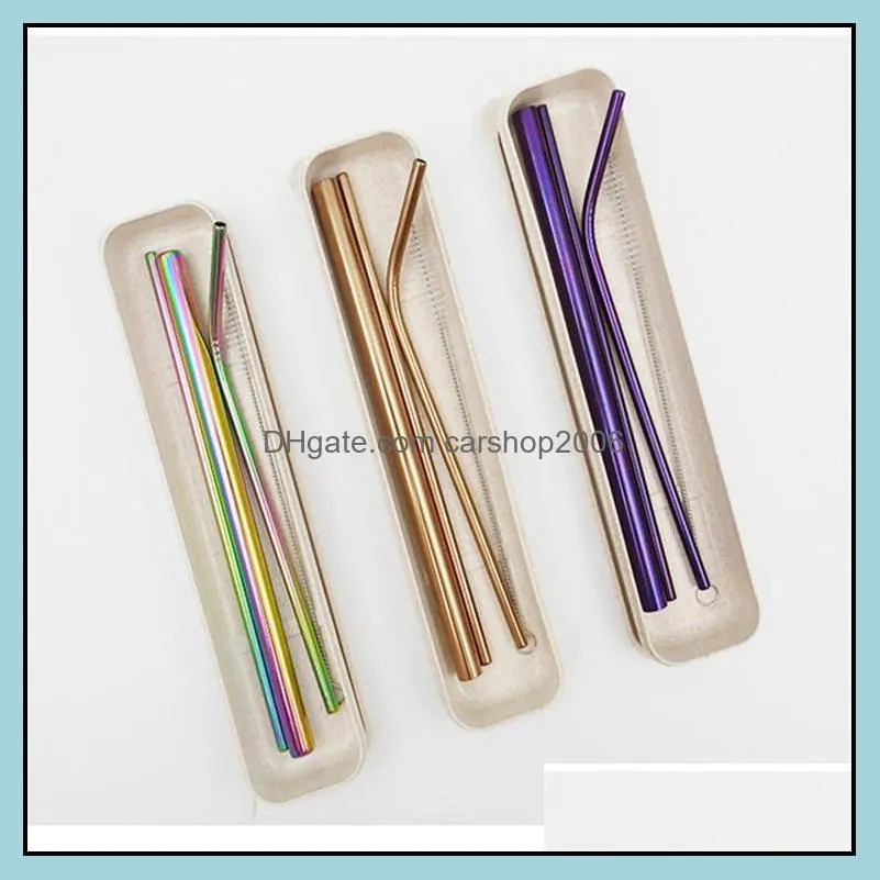 cup straws 3+1 set colored metal straws eco 304 stainless steel straws drinking plastic box packing