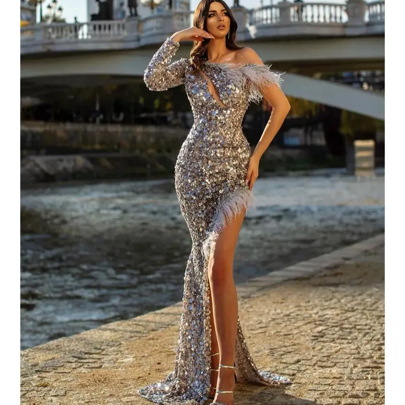 Alexis Mermaid / Trumpet Sexy Sparkle & Shine Prom Formal Evening Birthday Dress  One Shoulder Sleeveless Court Train Sequined with Sequin Slit 2022 –  fashionmallonline.com