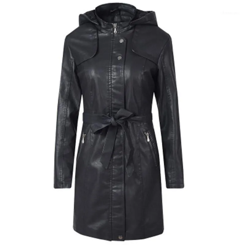 Femmes Automne Hiver Faux Cuir Soft Cuir Manteaux Lady Black PU Zipper Moto à capuchon Streetwear