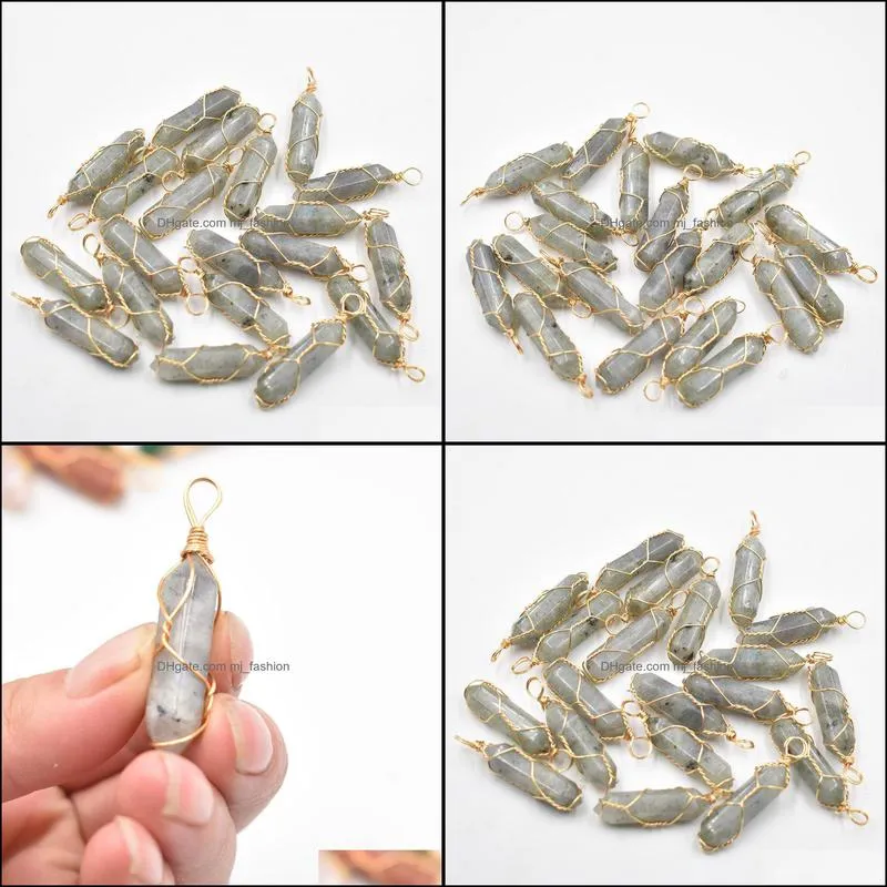 gold wire natural stone labradorite charms hexagonal healing reiki point pendants for jewelry makin mjfashion