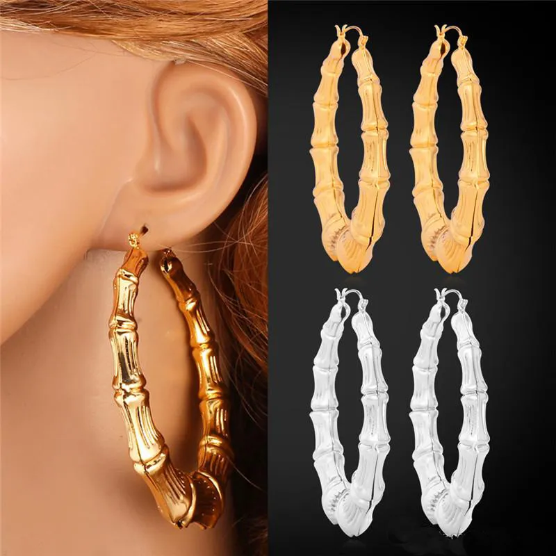 Tendance Big Hip Hop Punk Bamboo Hoop Boucles d'oreilles 18K Réel Plaqué Or Mode Élégant Plus Grande Taille Femmes Boucles D'oreilles Mode Costume Bijoux