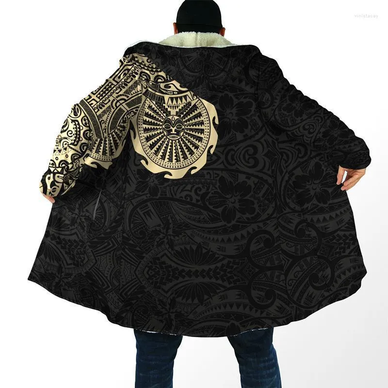 Men's Trench Coats Hooded Cloak Polynesian Flower Tattoo 3D Printing Winter Fleece Unisex Casual Thicken Warm H028 Viol22