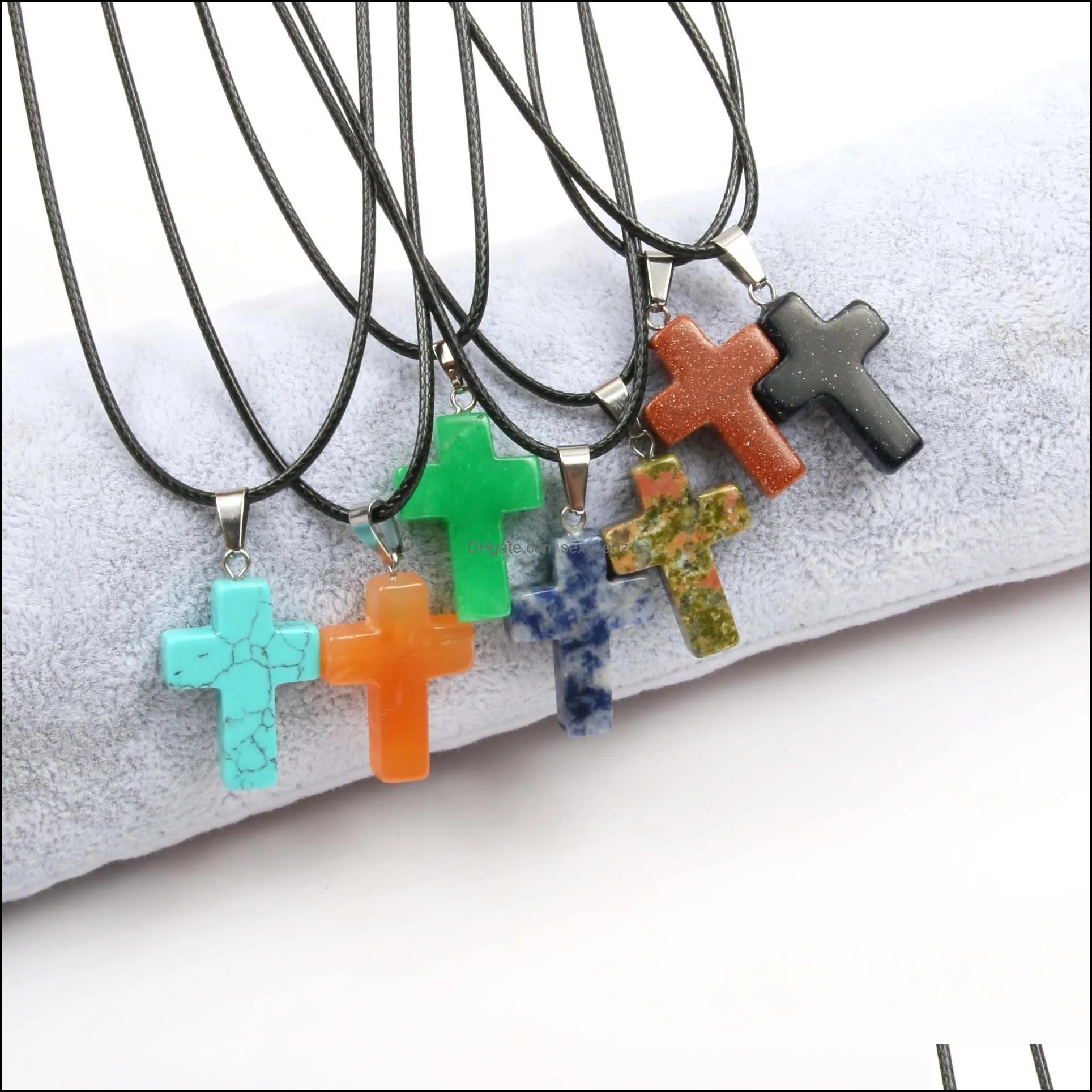 Wholesale Natural Stone Pendant Necklace Simple Cross Shape Crystal Tiger Eyes Good Quality Jewelry