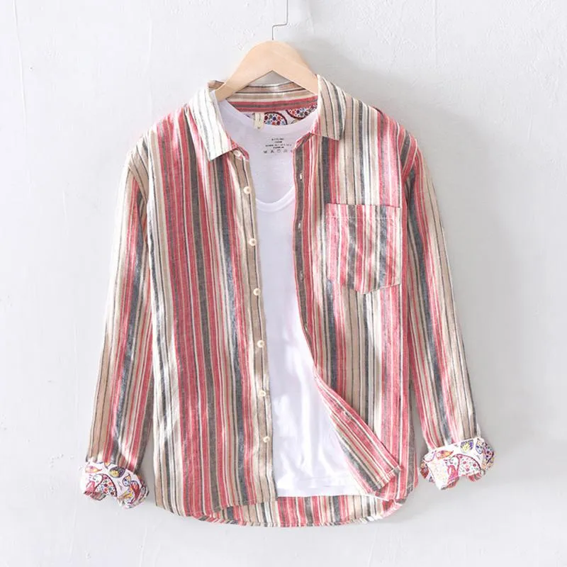 Men's Casual Shirts Fashion Japanese Retro Harajuku Men Simple Style Linen Shirt Double Side Printed Color Matching Male Chic Striped Shirts