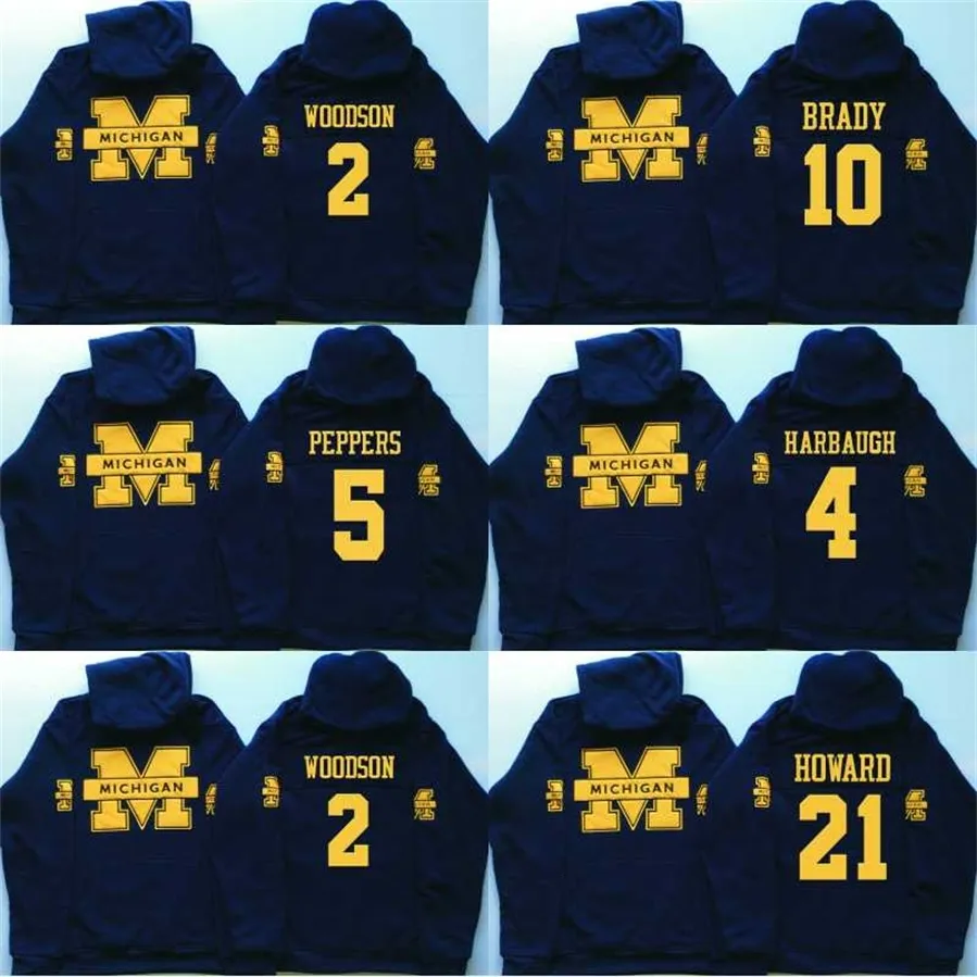 MitNess Erkekler Michigan Wolverines Coollege Forması 5 Jabrill Peppers 4 Jim Harbaugh 10 Brady 2 Charles Woodson 21 Howard Formaları Hoodies Tişörtü