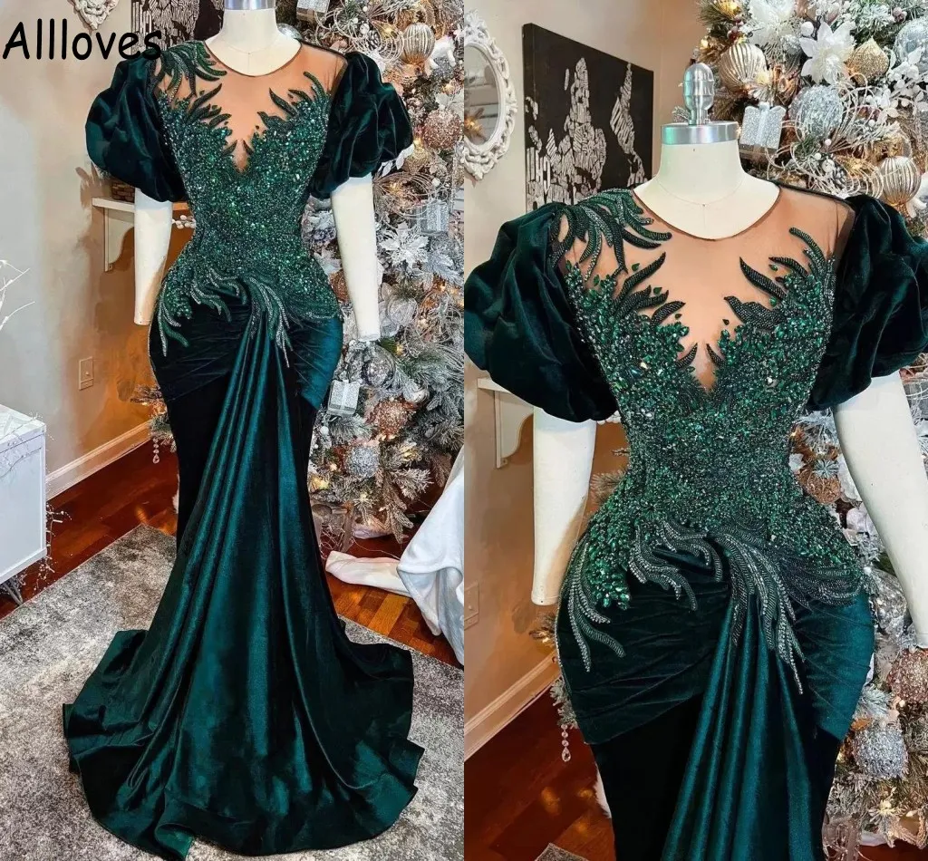 Gorgeous Dark Green Velvet Prom Dresses With Puffy Short Sleeves Stunning Sequins Beading Evening Celebrity Gowns Mermaid Arabic Dubai Kaftan Formal Wear CL0883