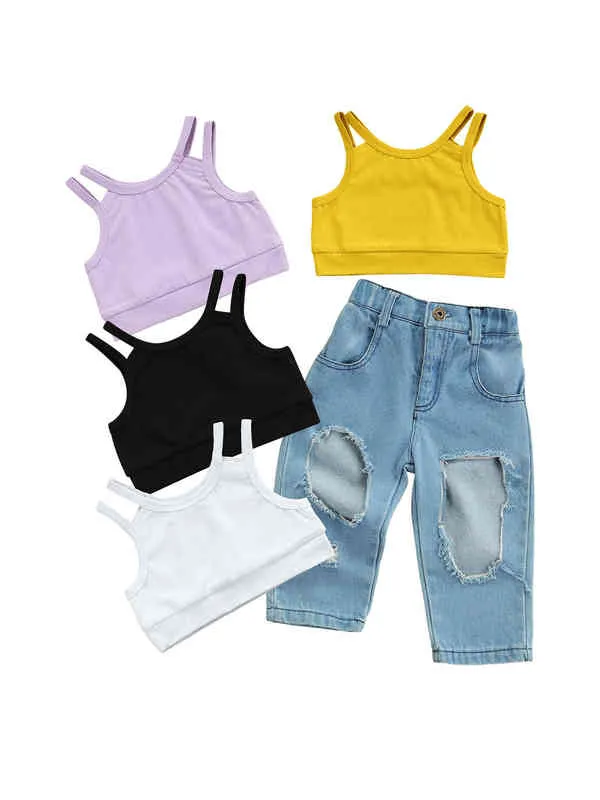 Sitgeett Summer Kids Mabd Girls Set Set Stest Strap Short Runcing Rushced Jeans High талия. Одежда по повседневной жизни 1-7T J220711