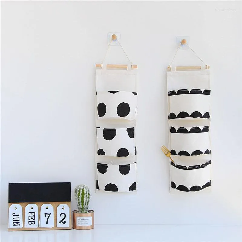 57cm Nordic Style Linen Cotton Hanging Storage Bag 3-pocket Design Black White Dot Cactus Wall Door Boxes & Bins