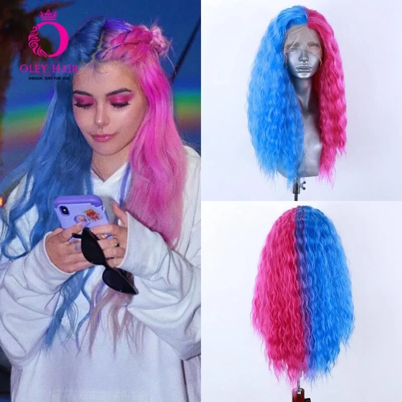 Syntetiska peruker blå halv rosa spets framre peruk värmebeständig lång djup våg drag drottning cosplay för svarta kvinnor oleysyntetik
