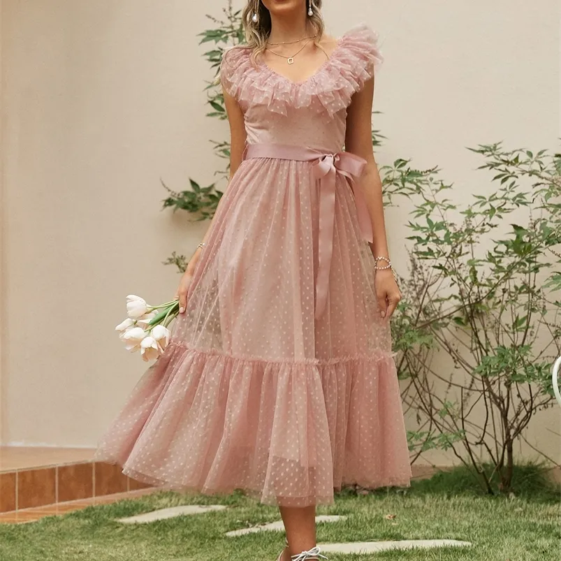 Abito da sera in tulle estivo a pois in maglia con scollo a V da donna Abiti senza maniche con volant rosa senza schienale Elegante fascia maxi vestido 226014