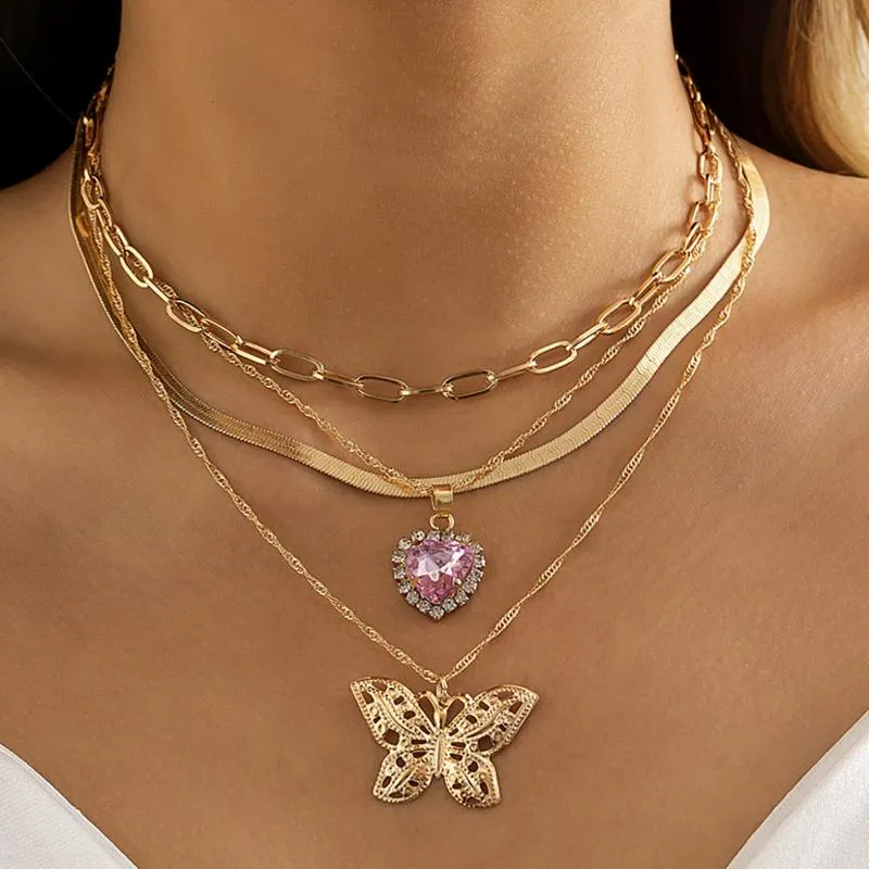 Pendant Necklaces Boho2022 Multilayer Gold Metal Choker Women Cute Pink Crystal Heart Butterfly Necklace Girls Couple Fashion JewelryPendant